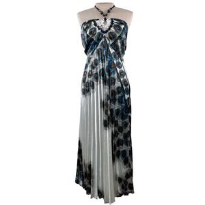 Shoreline Womens Peacock Print Beaded Halter Maxi Dress White Blue